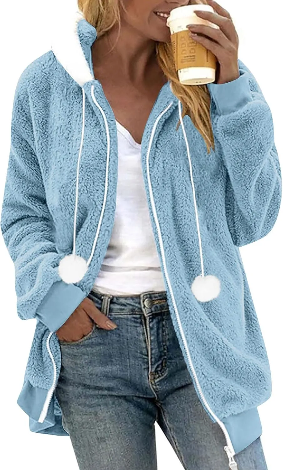 Warm Winter Coats for Women Fuzzy Fleece Jacket Fur Hooded Color Block Cardigan Zip Up Outerwear with Pockets