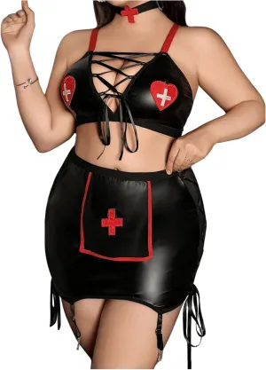 WDIRARA Women's Plus Size 5 Piece Babydoll Lingerie Set Nurse Roleplay Costume V Neck Cutout Bodysuit