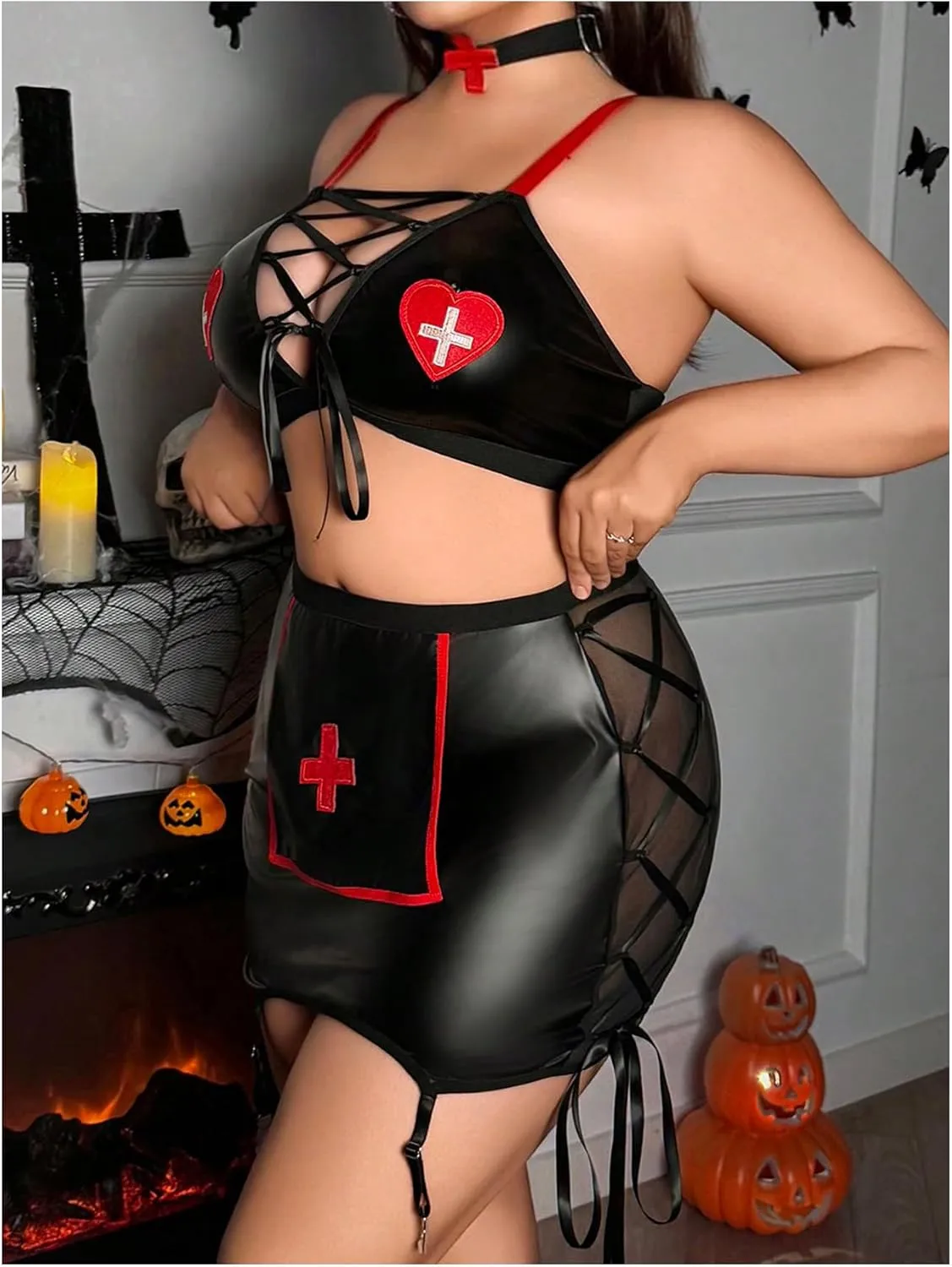 WDIRARA Women's Plus Size 5 Piece Babydoll Lingerie Set Nurse Roleplay Costume V Neck Cutout Bodysuit