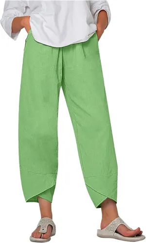 Wide Leg Pants Capri Cropped Casual Pants Summer Trendy Beach Pants with Pockets Plaid Patchwork Pants