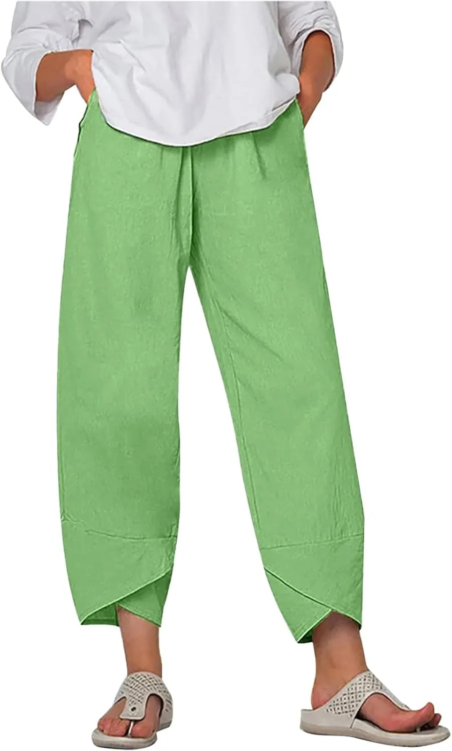 Wide Leg Pants Capri Cropped Casual Pants Summer Trendy Beach Pants with Pockets Plaid Patchwork Pants