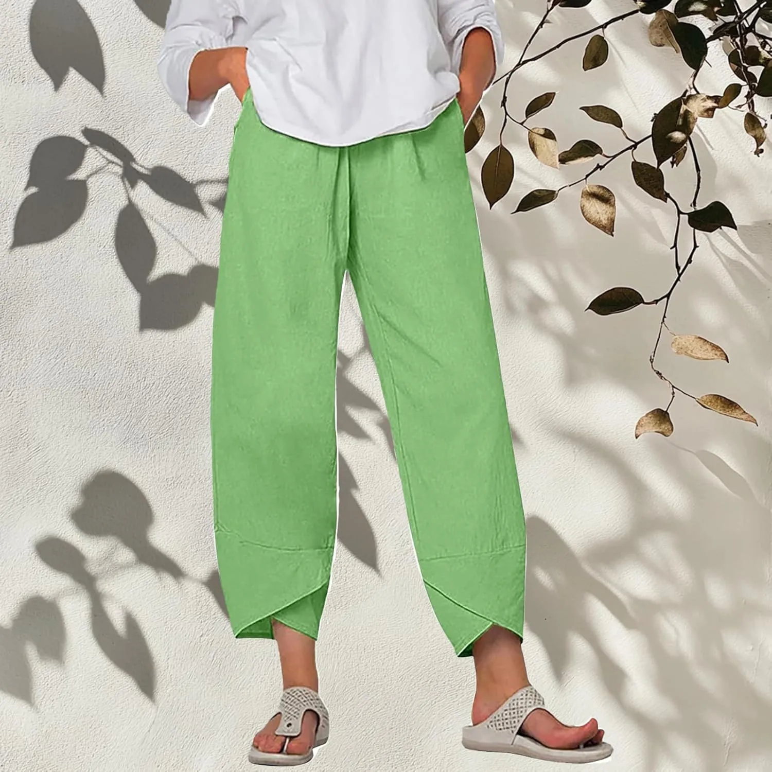 Wide Leg Pants Capri Cropped Casual Pants Summer Trendy Beach Pants with Pockets Plaid Patchwork Pants