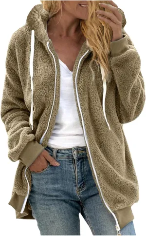Winter Coats for Women 2024 Trendy Fuzzy Fleece Zip Up Hooded Jackets Lightweight Fluffy Sherpa Outerwear, Large