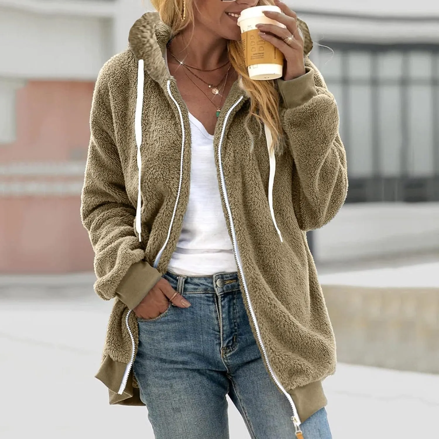 Winter Coats for Women 2024 Trendy Fuzzy Fleece Zip Up Hooded Jackets Lightweight Fluffy Sherpa Outerwear, Large