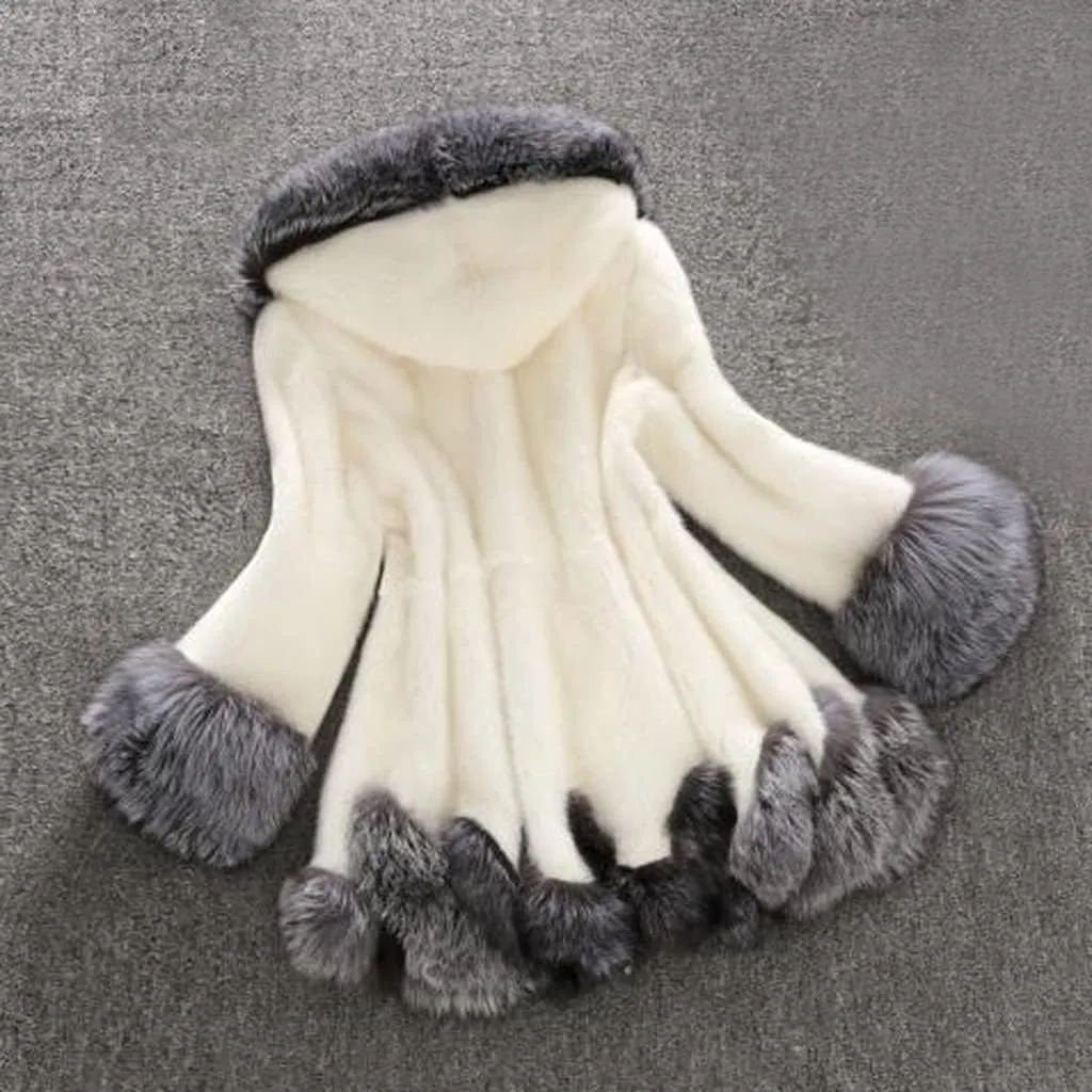 Winter Coats for Women 2025 Trendy Furry Hooded Jacket Elegant Faux Fur Coat Stitching Plus Size Plush Outwear