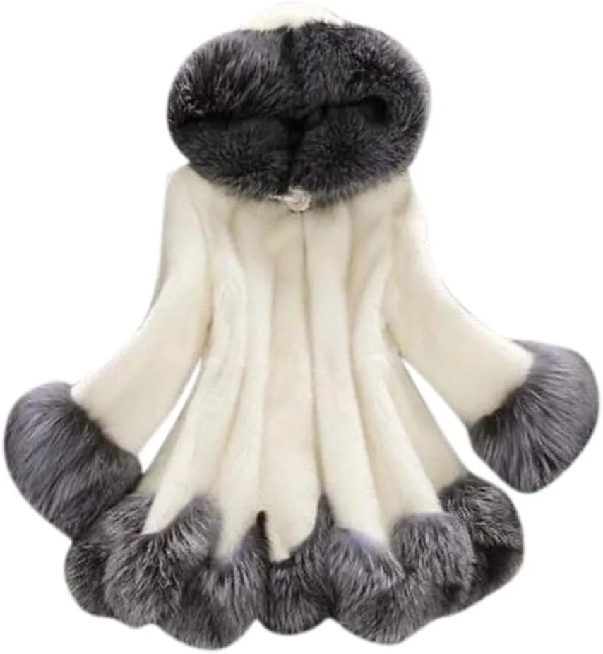 Winter Coats for Women 2025 Trendy Furry Hooded Jacket Elegant Faux Fur Coat Stitching Plus Size Plush Outwear
