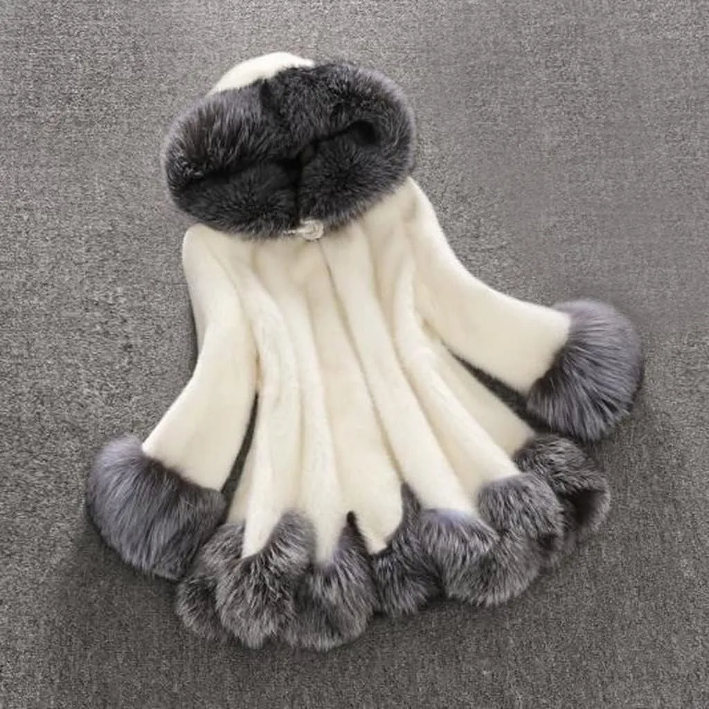 Winter Coats for Women 2025 Trendy Furry Hooded Jacket Elegant Faux Fur Coat Stitching Plus Size Plush Outwear