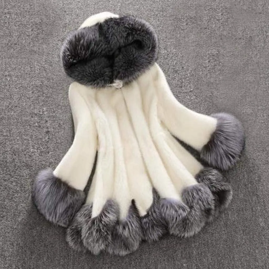 Winter Coats for Women 2025 Trendy Furry Hooded Jacket Elegant Faux Fur Coat Stitching Plus Size Plush Outwear