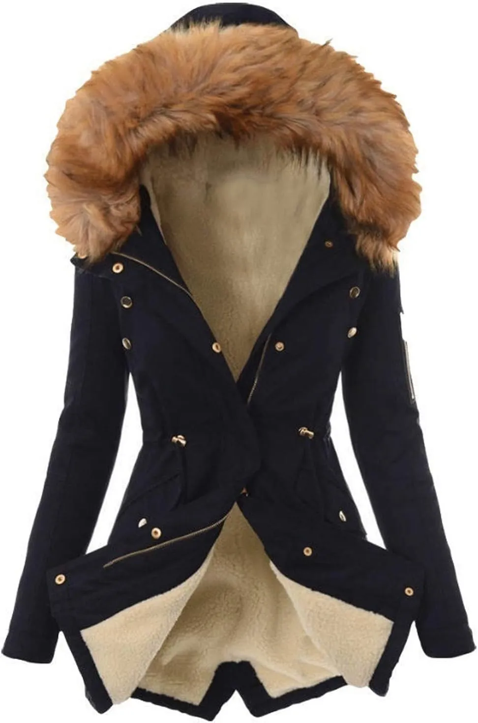 Winter Coats for Women Long Sleeve Puffer Jackets Plus Size Parka Coat with Plush Hooded Mid Length Sherpa Outerwear