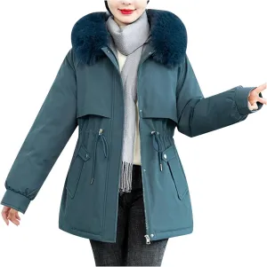 Winter Coats for Women Thickened Down Cotton-Padded Jacket with Fur Hood Puffer Parka Coat Drawstring Pockets Outwear