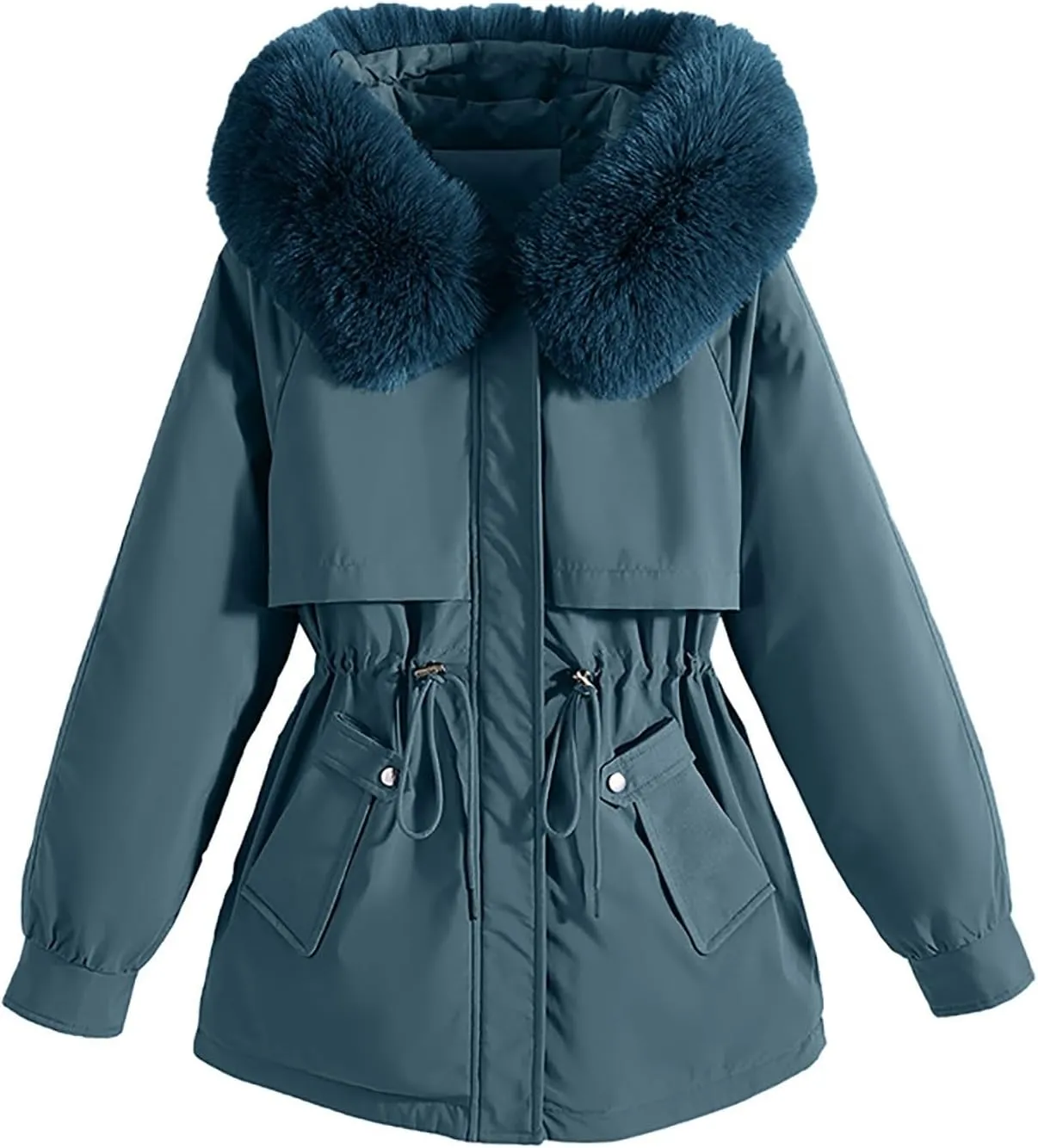 Winter Coats for Women Thickened Down Cotton-Padded Jacket with Fur Hood Puffer Parka Coat Drawstring Pockets Outwear