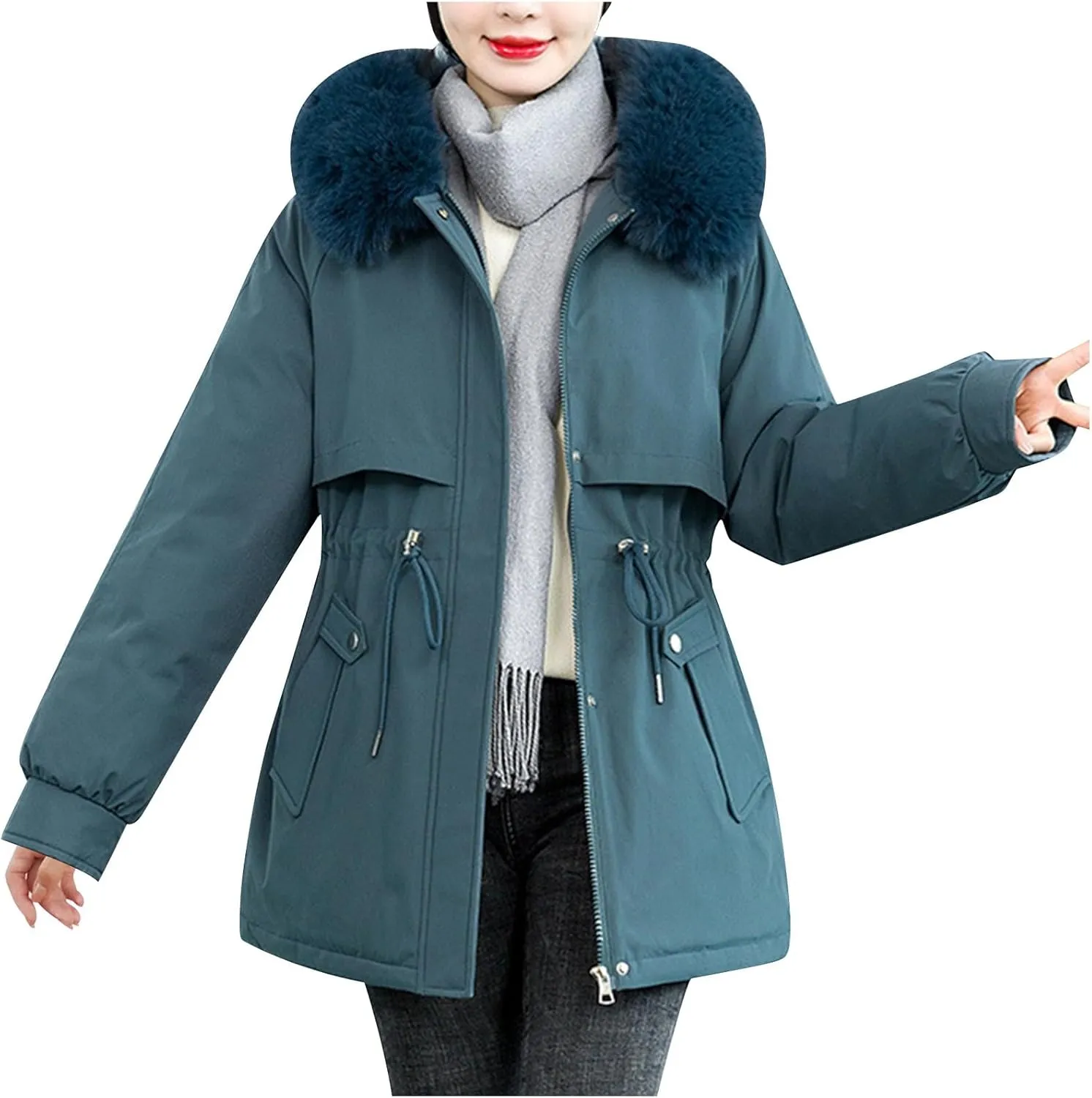 Winter Coats for Women Thickened Down Cotton-Padded Jacket with Fur Hood Puffer Parka Coat Drawstring Pockets Outwear