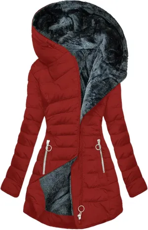 Winter Warm Fleece Lined Jackets for Women Padded Wadded Down Puffer Coats Plush Zip Up Hooded Outerwear