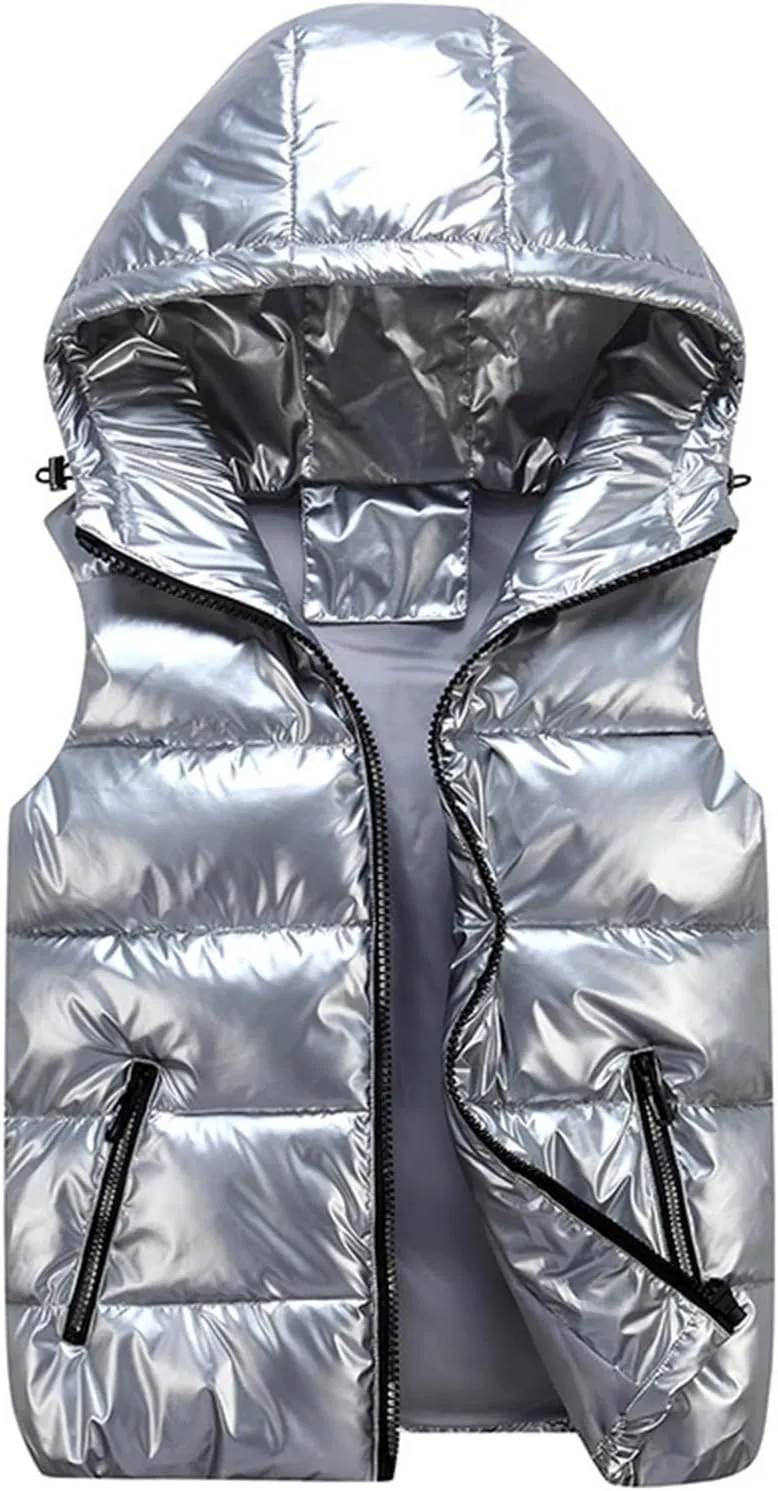 Wkishenl Puffer Vest for Women with Hood Oversized Shiny Sleeveless Short Down Coat Fashion Winter Warm Puffer Jacket 2024