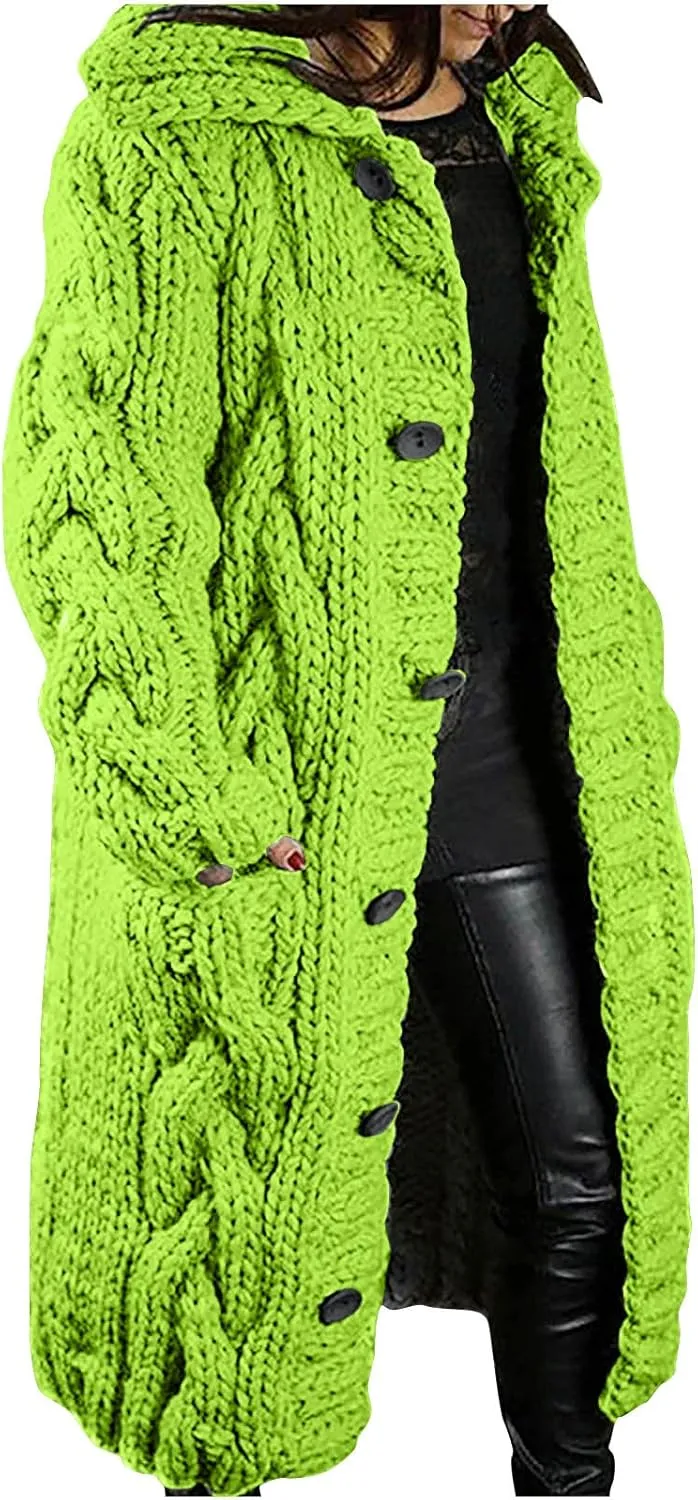 wodceeke Long Cardigan Sweaters for Women with Hood, Winter Warm Chunky Knit Hooded Sweater Coats with Buttons