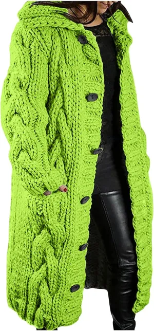 wodceeke Long Cardigan Sweaters for Women with Hood, Winter Warm Chunky Knit Hooded Sweater Coats with Buttons