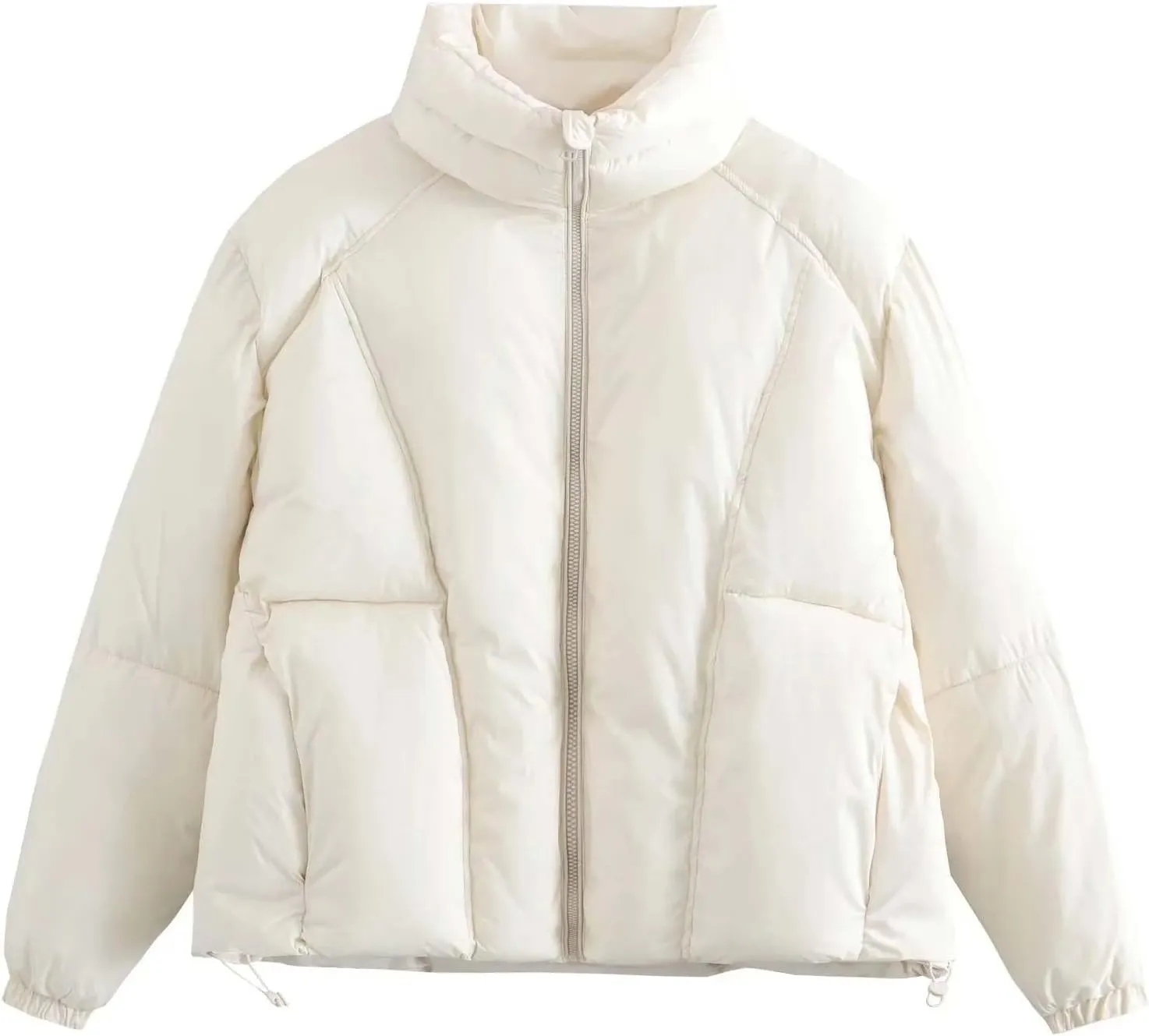 Women Cropped Puffer Jacket Stand Collar Winter Warm Puffy Quilted Jackets Drawstring Down Coats Outwear with Pockets