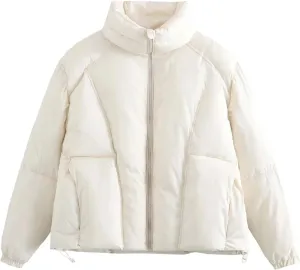 Women Cropped Puffer Jacket Stand Collar Winter Warm Puffy Quilted Jackets Drawstring Down Coats Outwear with Pockets