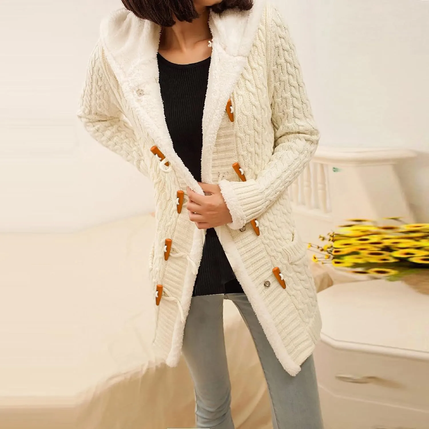 Women Elegant Knit Coats Horn Buttons Plus Size Thick Warm Sweater Jackets Winter Hooded Fleece Lined Coat