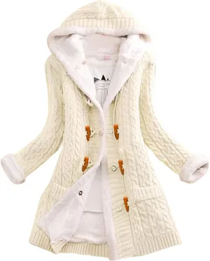Women Elegant Knit Coats Horn Buttons Plus Size Thick Warm Sweater Jackets Winter Hooded Fleece Lined Coat