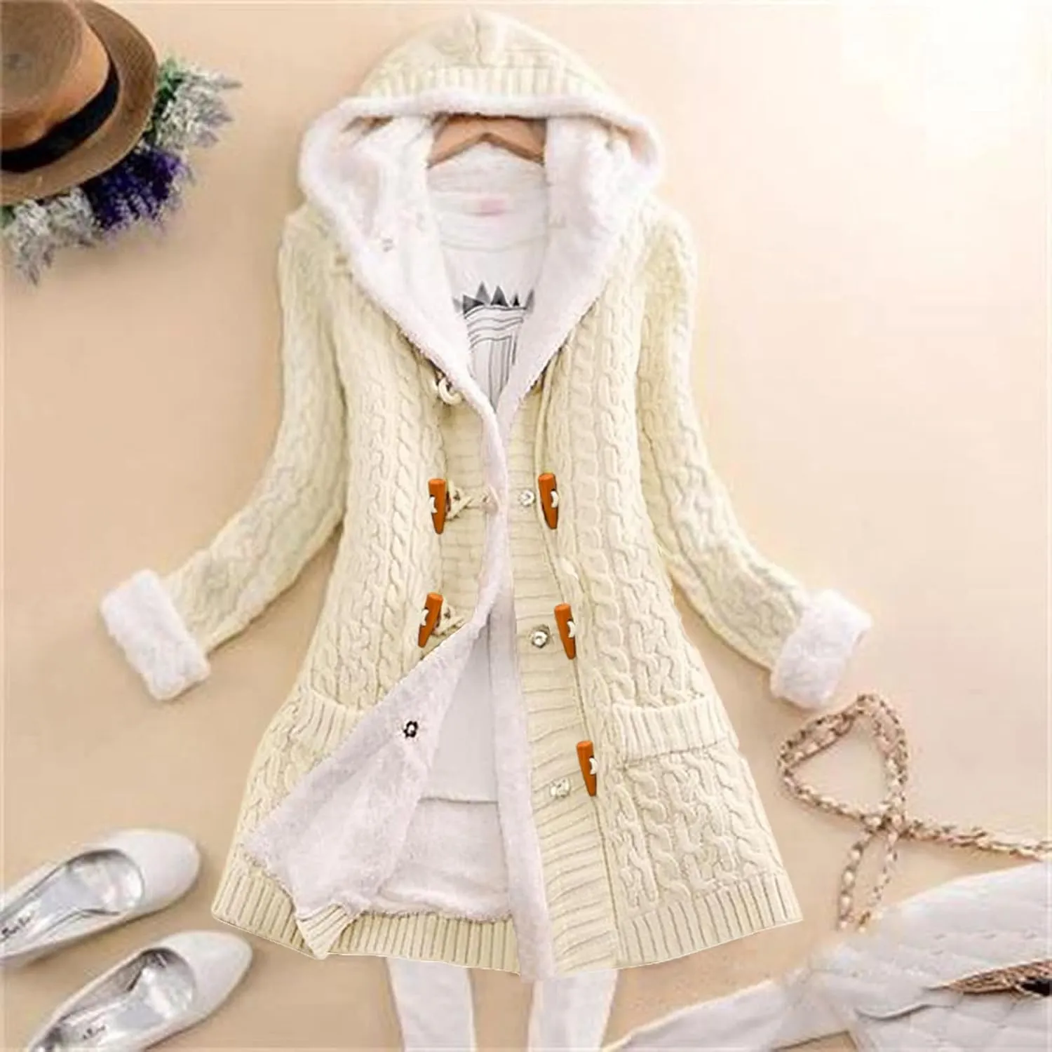 Women Elegant Knit Coats Horn Buttons Plus Size Thick Warm Sweater Jackets Winter Hooded Fleece Lined Coat