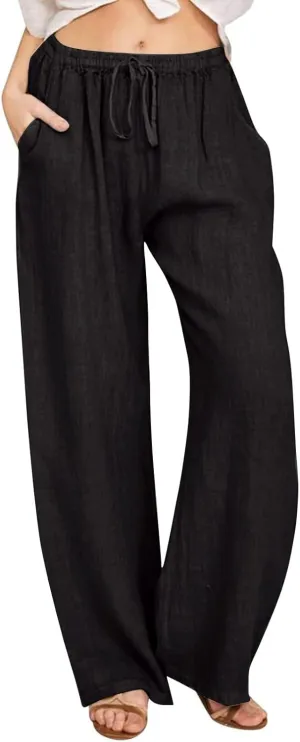 Women Fall Pants Linen Trousers Loose Fit Straight Leg Pants Casual Work Pants Drawstring Lounge Pants with Pockets