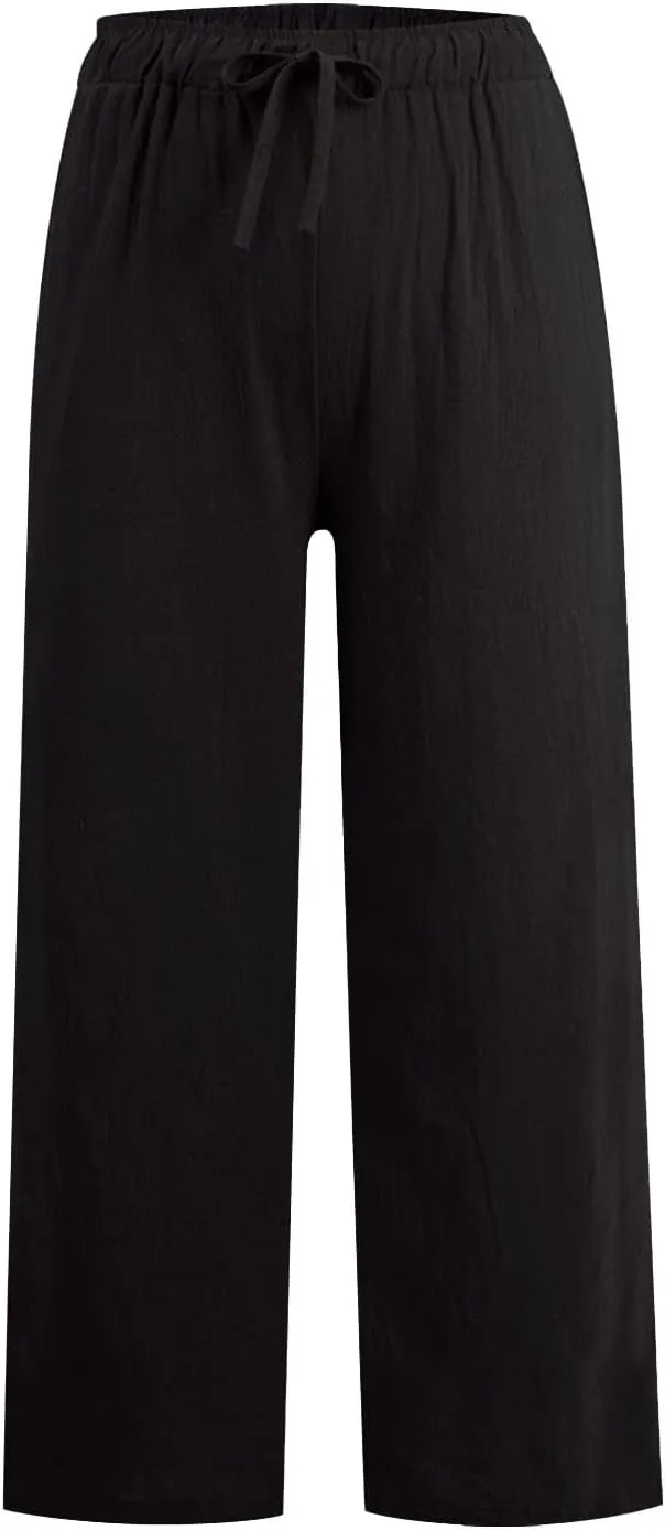 Women Fall Pants Linen Trousers Loose Fit Straight Leg Pants Casual Work Pants Drawstring Lounge Pants with Pockets