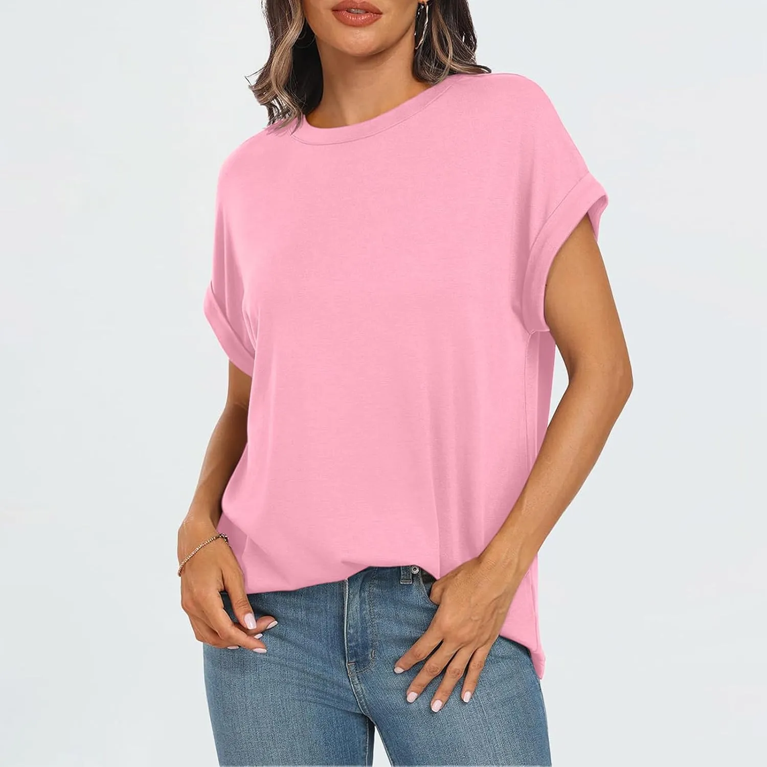 Women Fashion Solid Tops Summer Crewneck Short Sleeve Shirts Casual Loose Daily Tops for Beach,Vacation,Hang Out