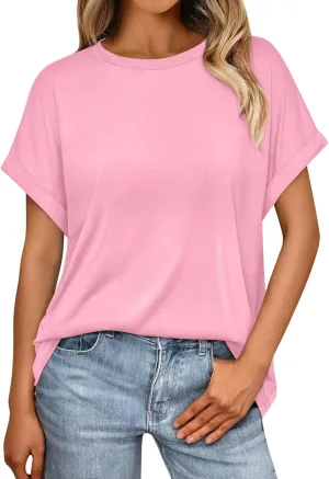 Women Fashion Solid Tops Summer Crewneck Short Sleeve Shirts Casual Loose Daily Tops for Beach,Vacation,Hang Out