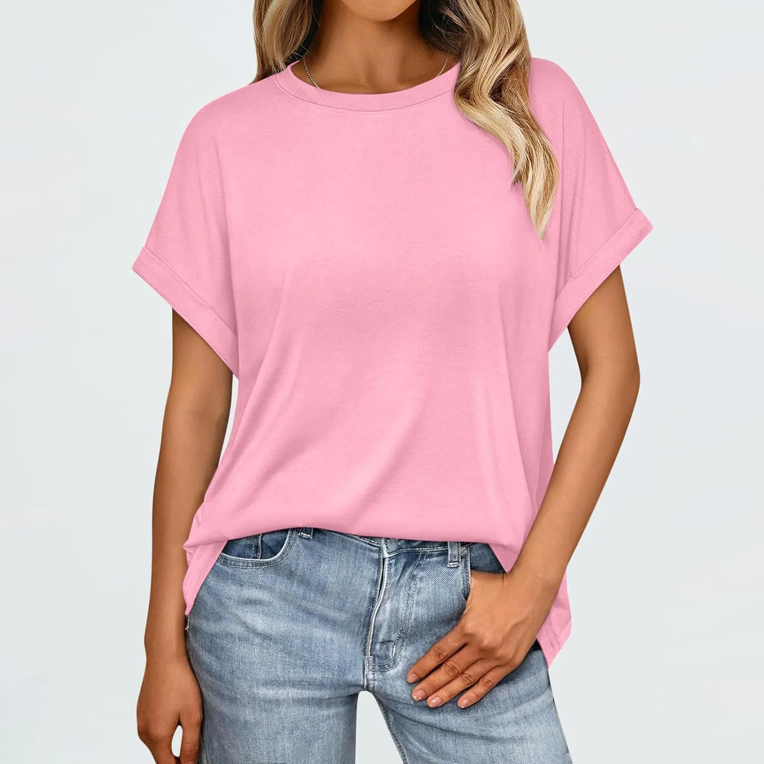 Women Fashion Solid Tops Summer Crewneck Short Sleeve Shirts Casual Loose Daily Tops for Beach,Vacation,Hang Out