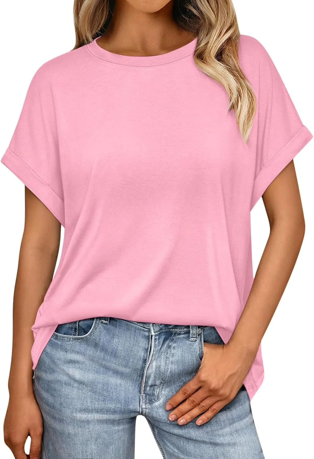 Women Fashion Solid Tops Summer Crewneck Short Sleeve Shirts Casual Loose Daily Tops for Beach,Vacation,Hang Out