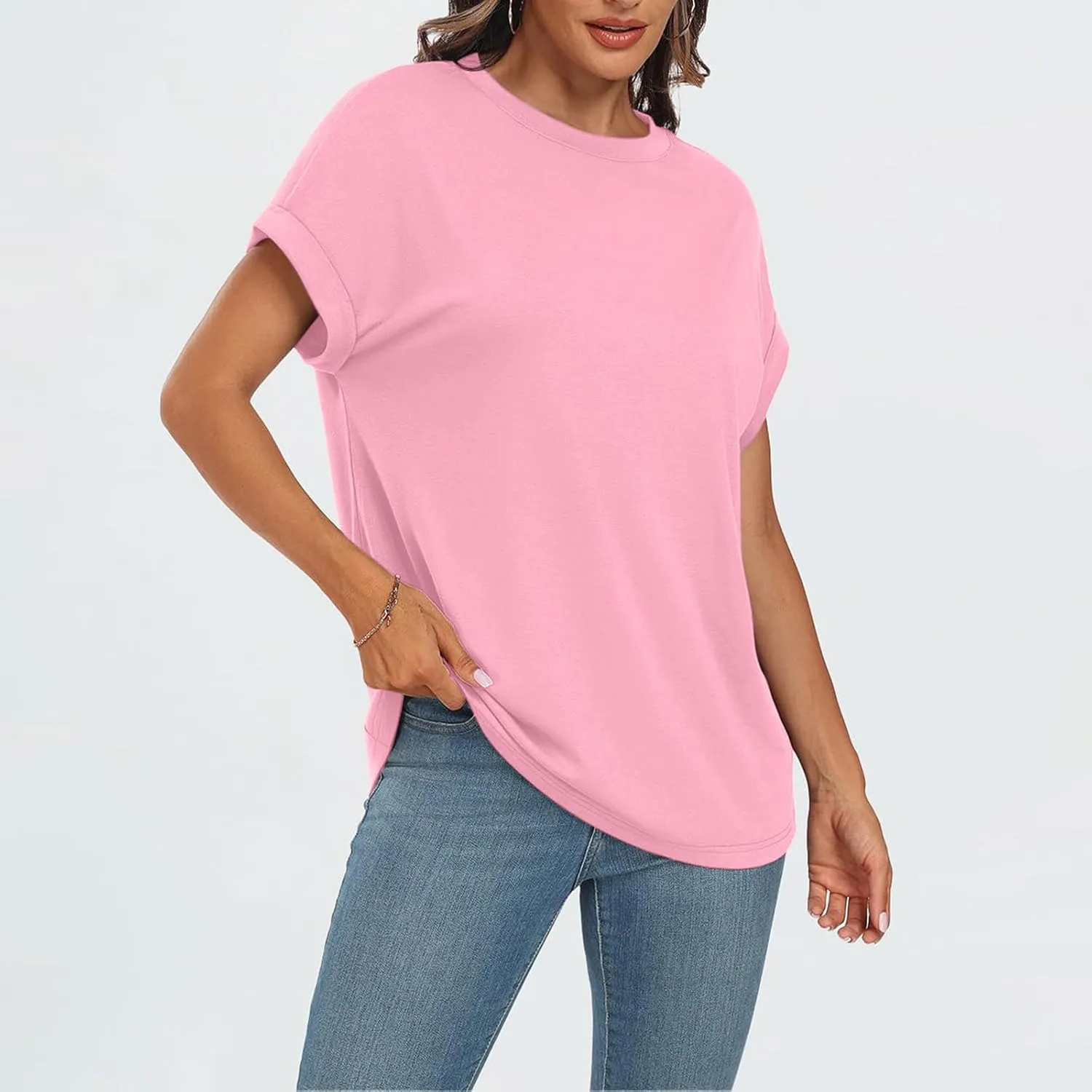 Women Fashion Solid Tops Summer Crewneck Short Sleeve Shirts Casual Loose Daily Tops for Beach,Vacation,Hang Out