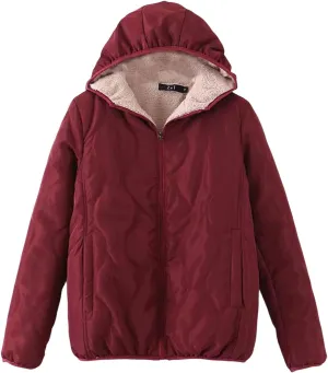 Women Fleece Jacket Winter Quilted Jackets Sherpa Lined Packable Warm Puffer Down Coat Lightweight Hooded Outerwear