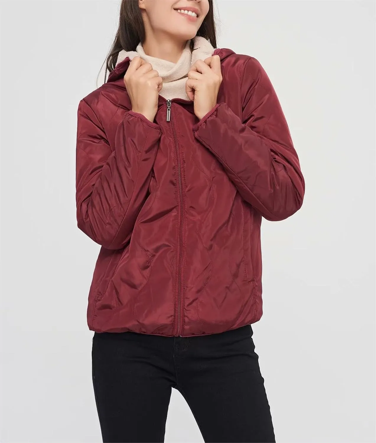 Women Fleece Jacket Winter Quilted Jackets Sherpa Lined Packable Warm Puffer Down Coat Lightweight Hooded Outerwear