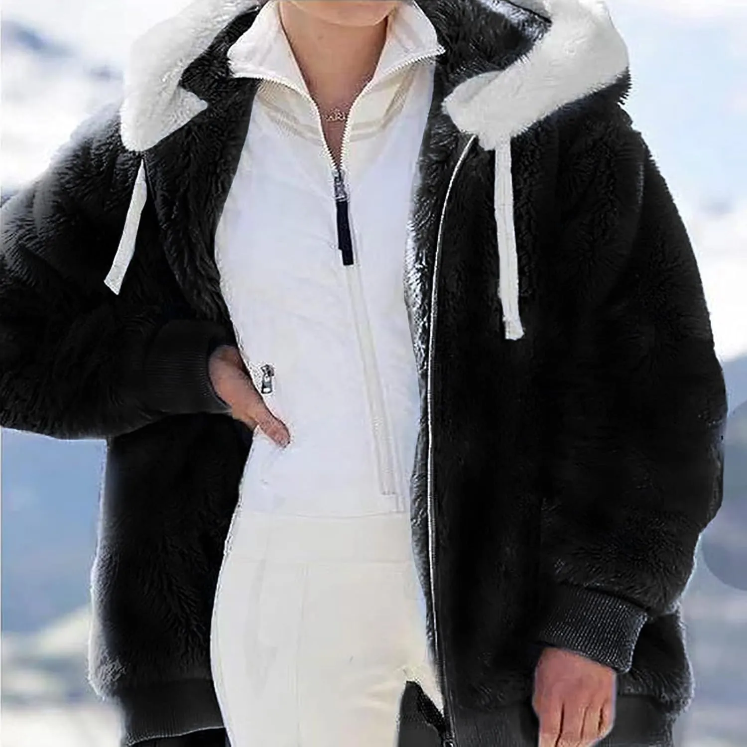 Women Furry Hooded Jacket Winter Warm Coats Plus Size Zip Up Hoodie Plush Fuzzy Jackets Casual Outerwear