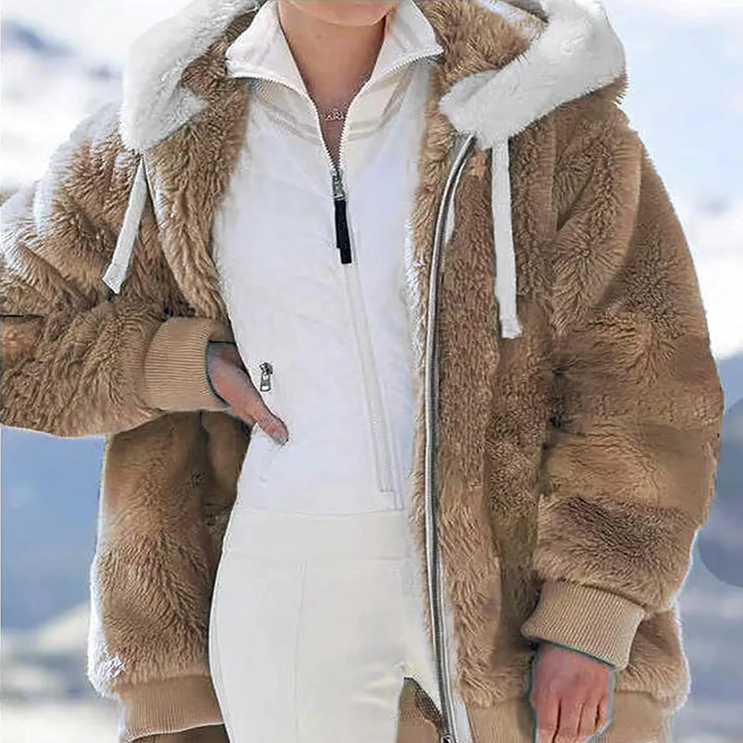 Women Furry Hooded Jacket Winter Warm Coats Plus Size Zip Up Hoodie Plush Fuzzy Jackets Casual Outerwear