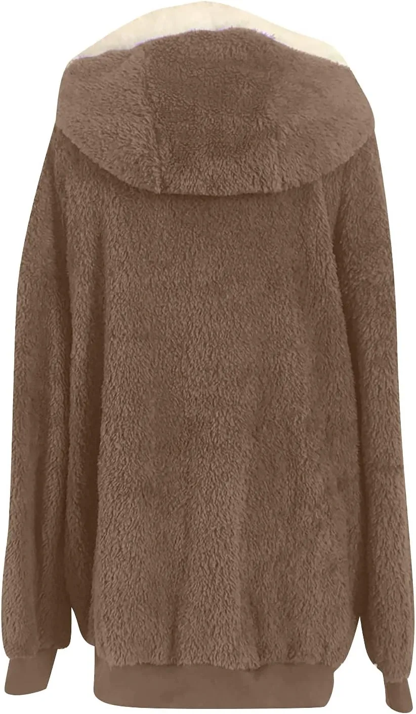 Women Furry Hooded Jacket Winter Warm Coats Plus Size Zip Up Hoodie Plush Fuzzy Jackets Casual Outerwear