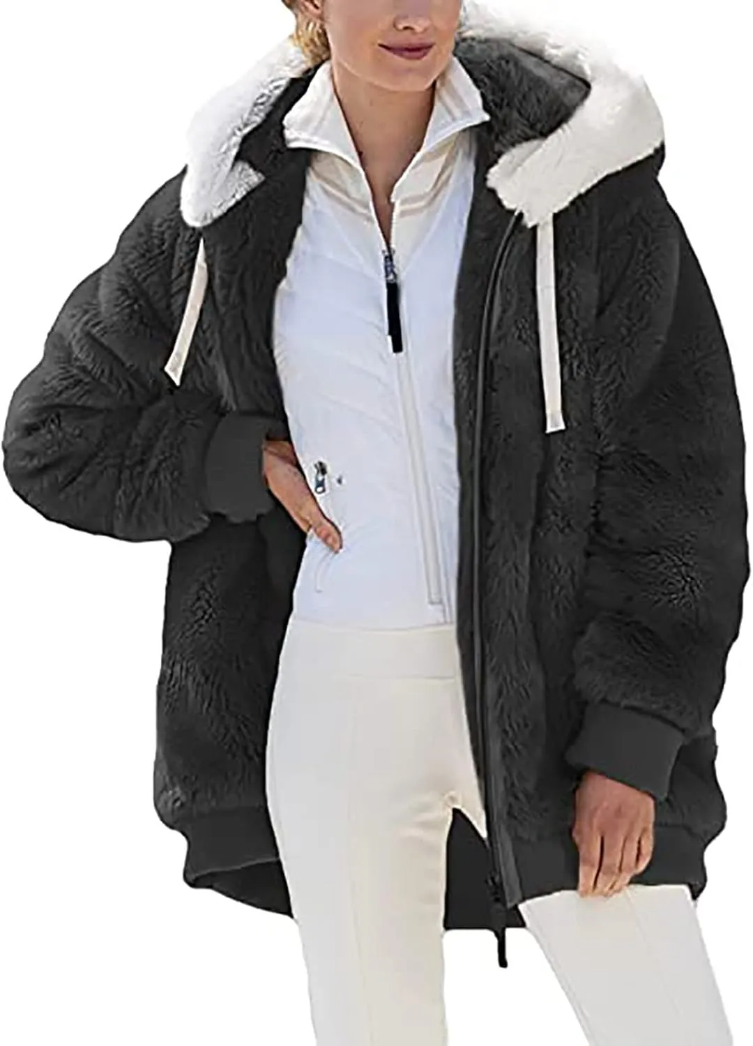 Women Furry Hooded Jacket Winter Warm Coats Plus Size Zip Up Hoodie Plush Fuzzy Jackets Casual Outerwear