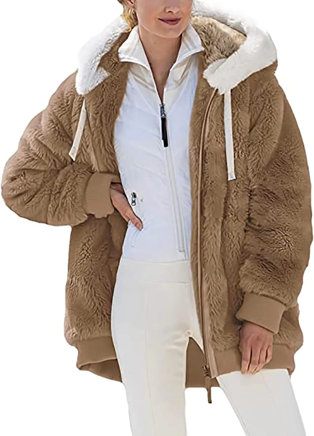 Women Furry Hooded Jacket Winter Warm Coats Plus Size Zip Up Hoodie Plush Fuzzy Jackets Casual Outerwear