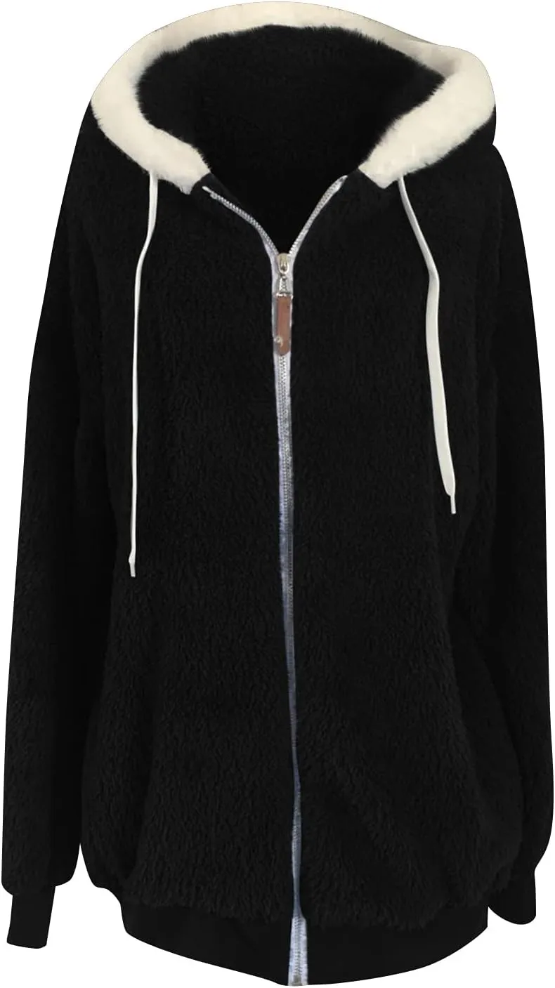 Women Furry Hooded Jacket Winter Warm Coats Plus Size Zip Up Hoodie Plush Fuzzy Jackets Casual Outerwear