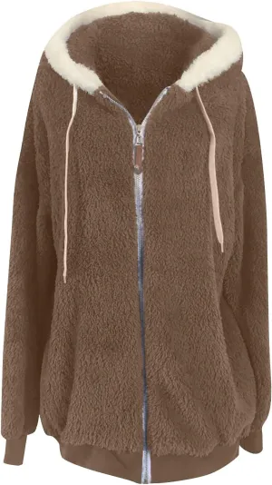 Women Furry Hooded Jacket Winter Warm Coats Plus Size Zip Up Hoodie Plush Fuzzy Jackets Casual Outerwear