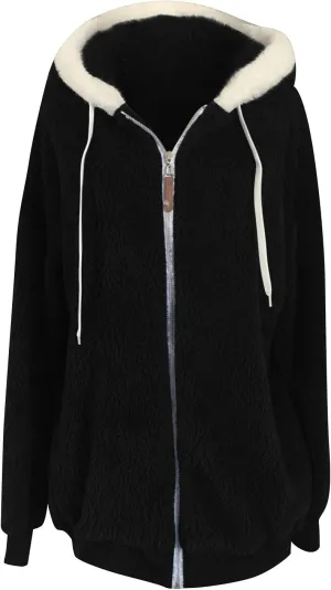 Women Furry Hooded Jacket Winter Warm Coats Plus Size Zip Up Hoodie Plush Fuzzy Jackets Casual Outerwear