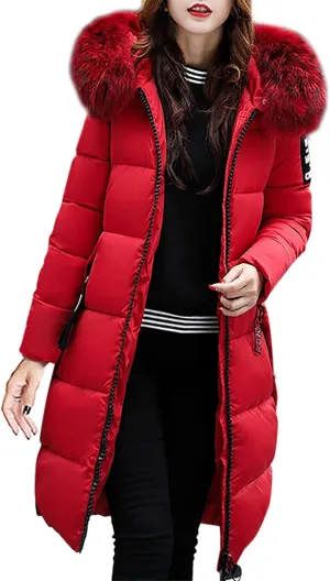 Women Furry Hooded Puffer Jacket Quilted Down Jackets Zip Up Faux Fur Hoodie Coats Long Winter Thick Overcoat