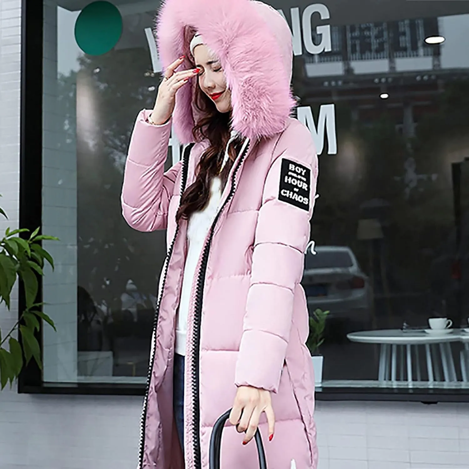 Women Furry Hooded Puffer Jacket Quilted Down Jackets Zip Up Faux Fur Hoodie Coats Long Winter Thick Overcoat