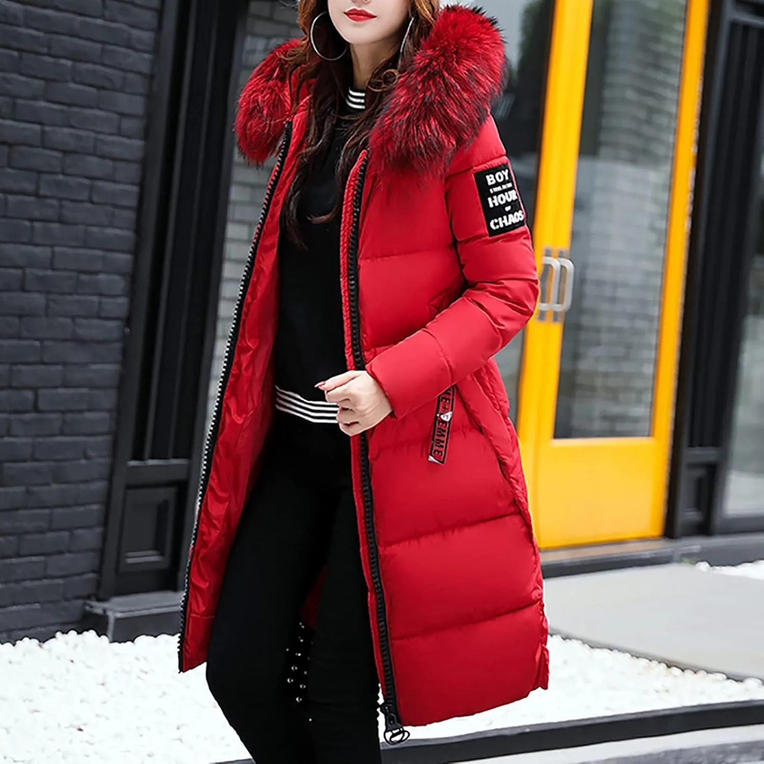 Women Furry Hooded Puffer Jacket Quilted Down Jackets Zip Up Faux Fur Hoodie Coats Long Winter Thick Overcoat