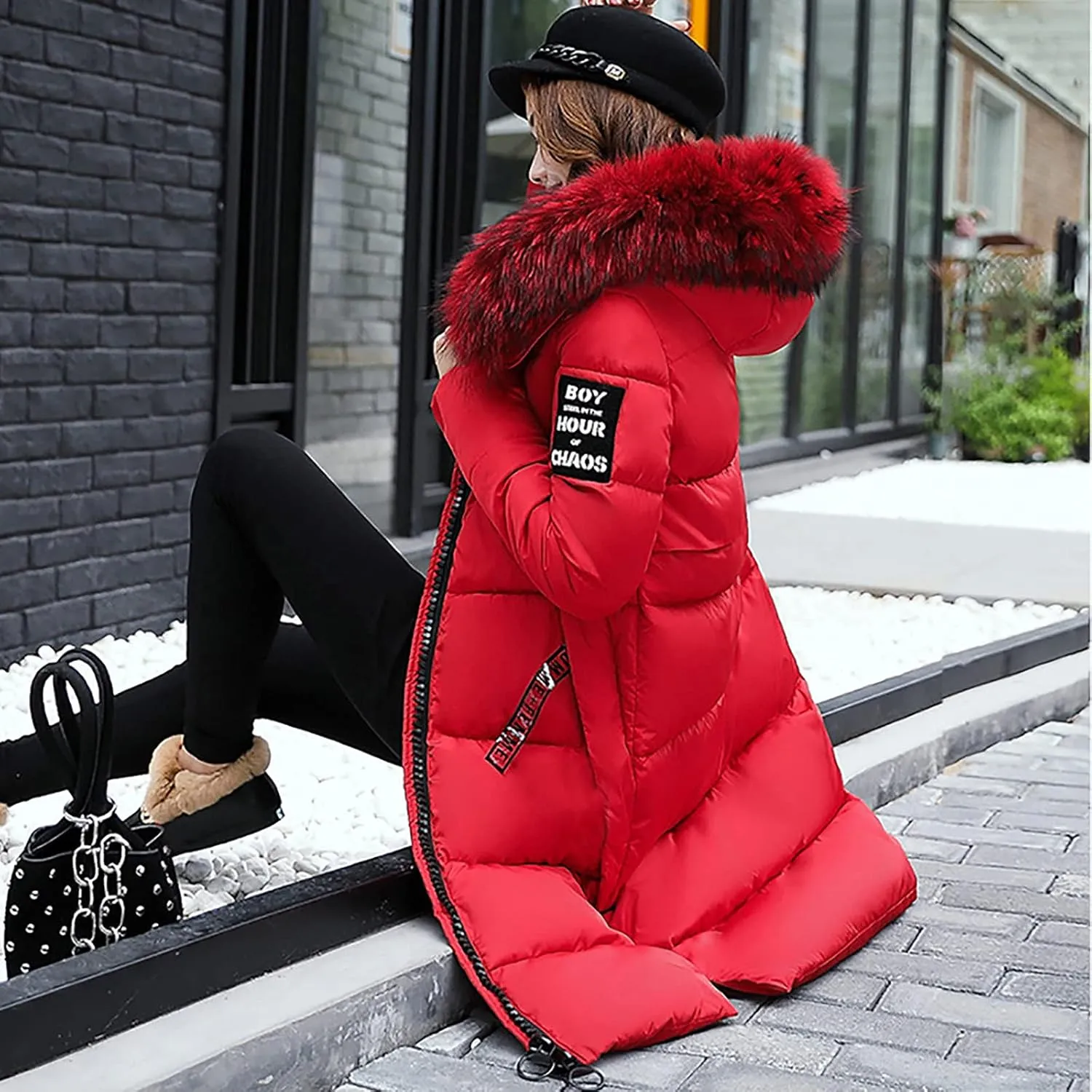 Women Furry Hooded Puffer Jacket Quilted Down Jackets Zip Up Faux Fur Hoodie Coats Long Winter Thick Overcoat