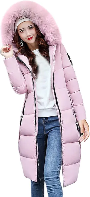 Women Furry Hooded Puffer Jacket Quilted Down Jackets Zip Up Faux Fur Hoodie Coats Long Winter Thick Overcoat