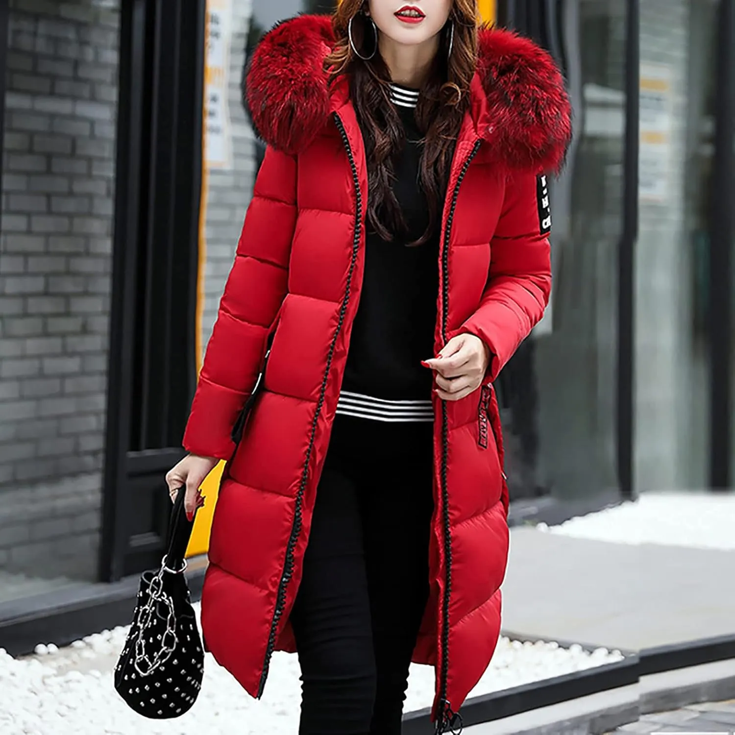 Women Furry Hooded Puffer Jacket Quilted Down Jackets Zip Up Faux Fur Hoodie Coats Long Winter Thick Overcoat