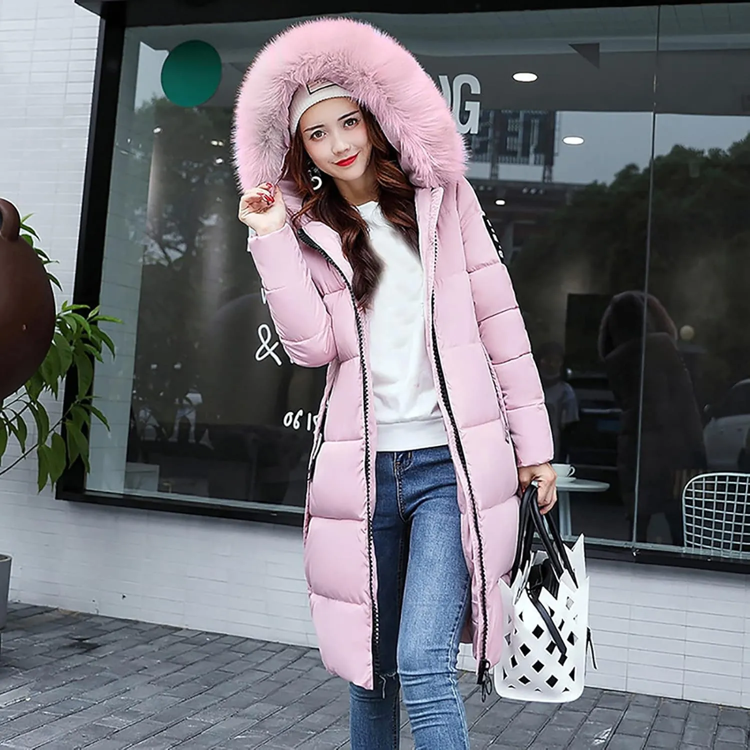 Women Furry Hooded Puffer Jacket Quilted Down Jackets Zip Up Faux Fur Hoodie Coats Long Winter Thick Overcoat
