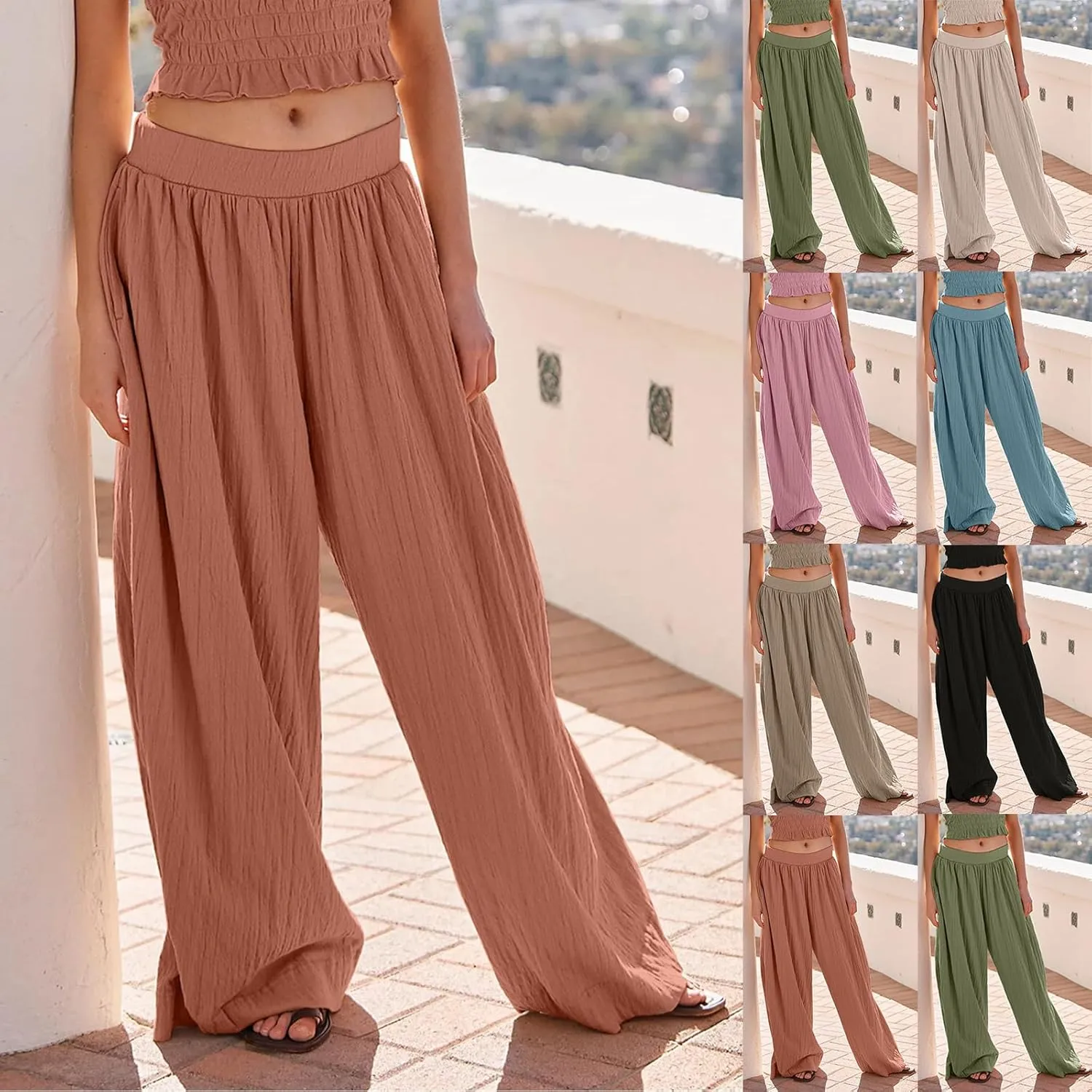 Women Linen Palazzo Pants Summer Casual Wide Leg Pants Elastic Waist Boho Beach Pants Flowy Pants with Pockets